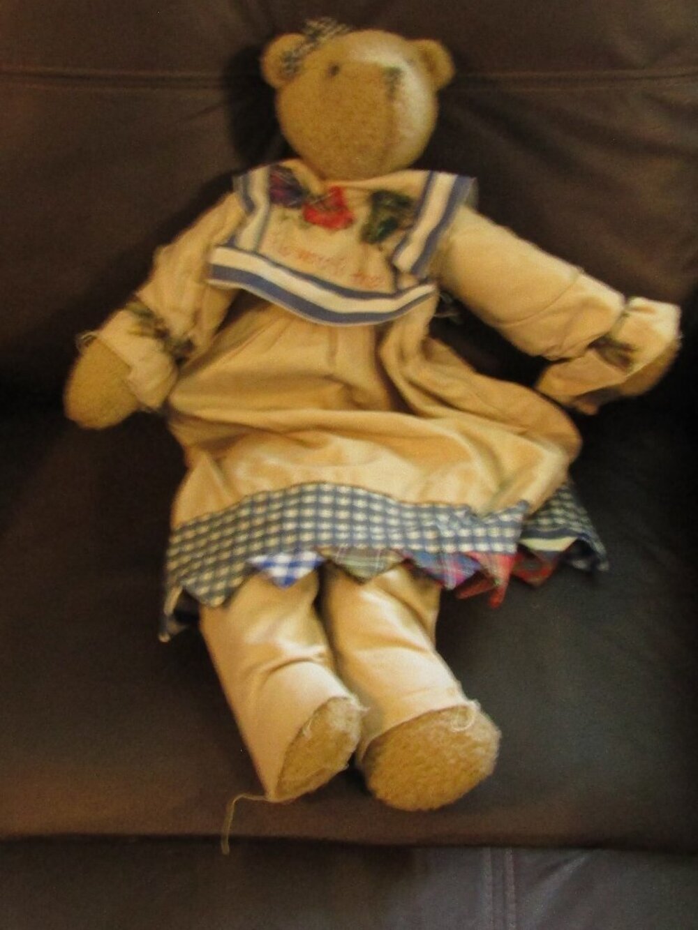 Vintage Large 22" RAGDOLL HANDMADE BEAR fLOWERS FOR THEE" On Dress
